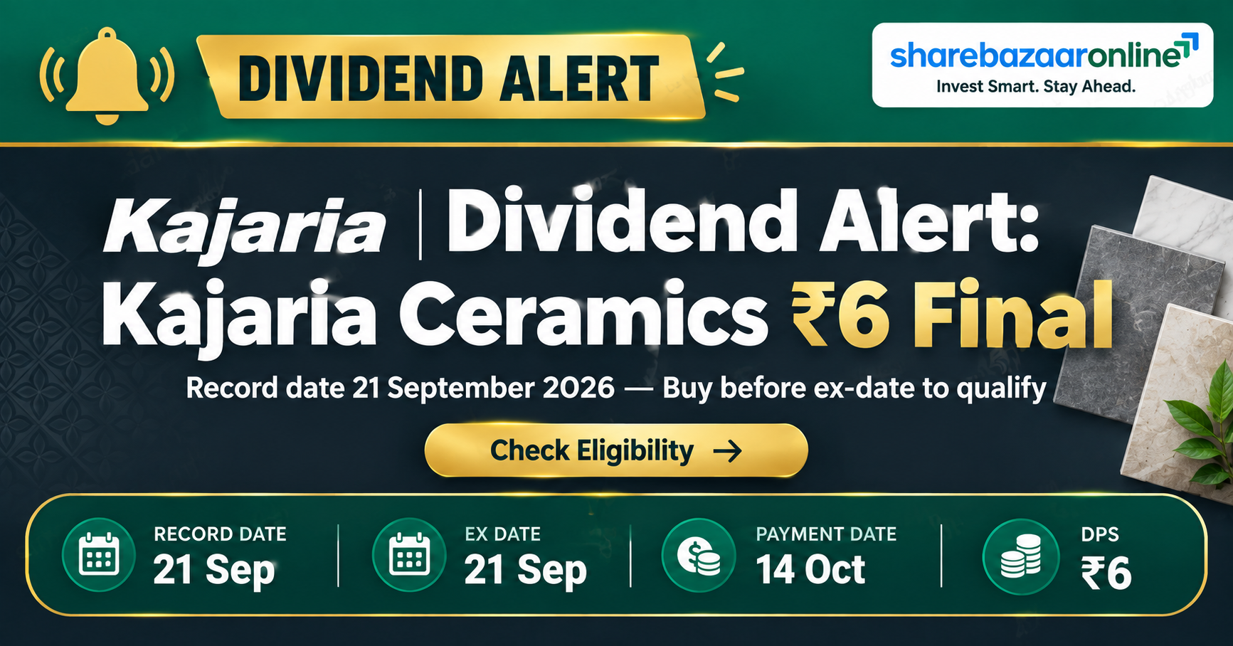 Kajaria Ceramics Dividend 2026: ₹6 Final Dividend, Record Date, Yield & Analysis